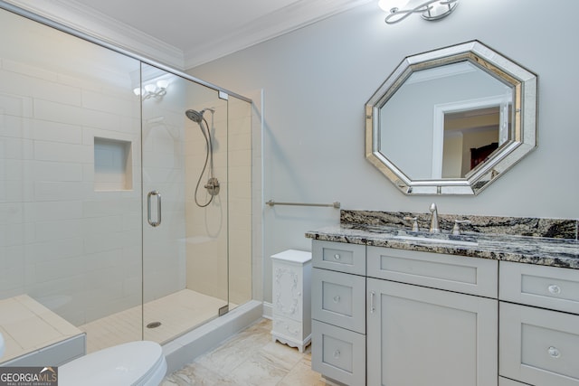 3845 Starboard Pt, Gainesville, GA 30506 - bathroom with ornamental molding, a shower stall, toilet, vanity, and marble finish floors