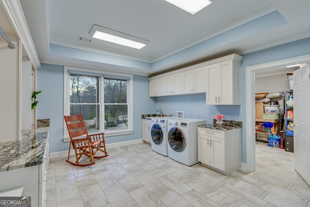 3845 Starboard Pt, Gainesville, GA 30506 - washroom featuring cabinet space, crown molding, and washing machine and dryer