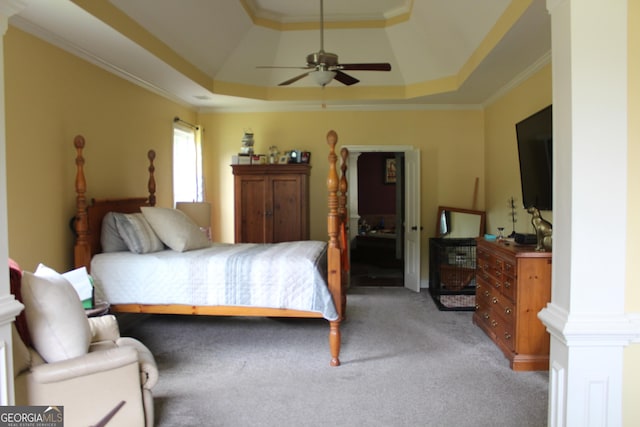 3801 Gold Leaf Ct, Stockbridge, GA 30281 - bedroom featuring a raised ceiling, light carpet, crown molding, and ceiling fan
