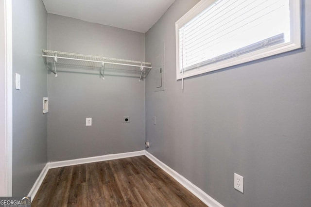 laundry area featuring baseboards, hookup for an electric dryer, wood finished floors, and laundry area