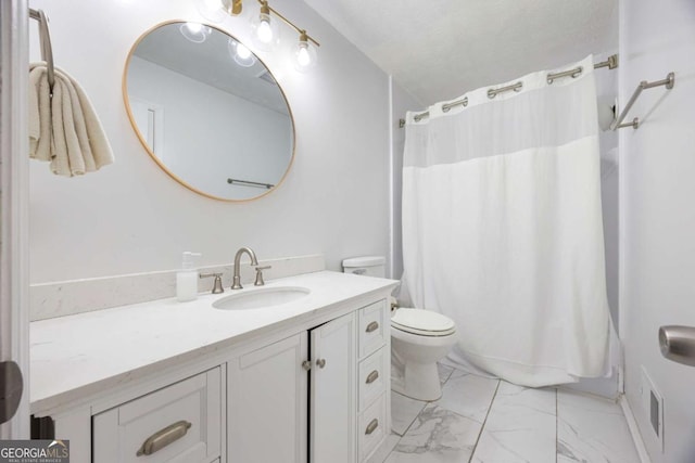 bathroom with visible vents, shower / bath combo with shower curtain, toilet, marble finish floor, and vanity