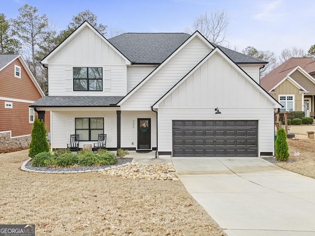 modern inspired farmhouse featuring a porch, roof with shingles, board and batten siding, and an attached garage