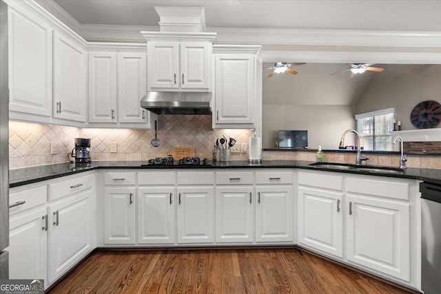 kitchen with dark wood-type flooring, under cabinet range hood, dishwasher, black gas stovetop, and a sink