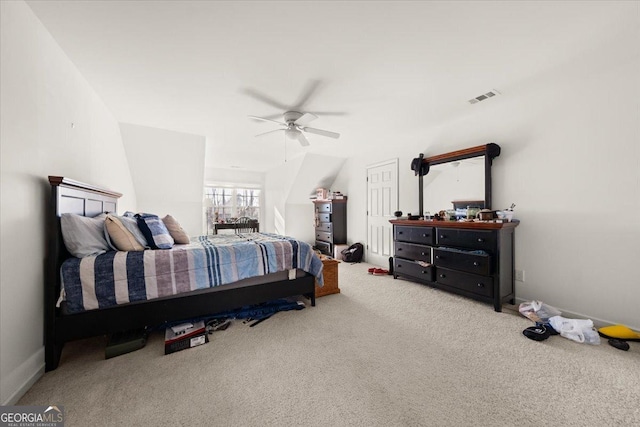 bedroom with visible vents, ceiling fan, baseboards, and carpet