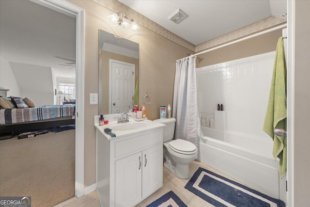 full bath featuring visible vents, toilet, tile patterned floors, shower / bath combination with curtain, and vanity