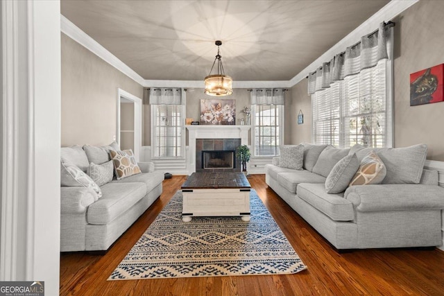 living room featuring wood finished floors, a tiled fireplace, and ornamental molding