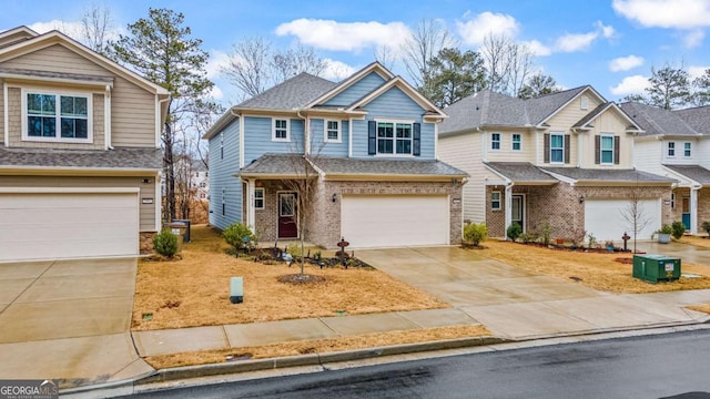 craftsman inspired home with central air condition unit, driveway, roof with shingles, a garage, and brick siding