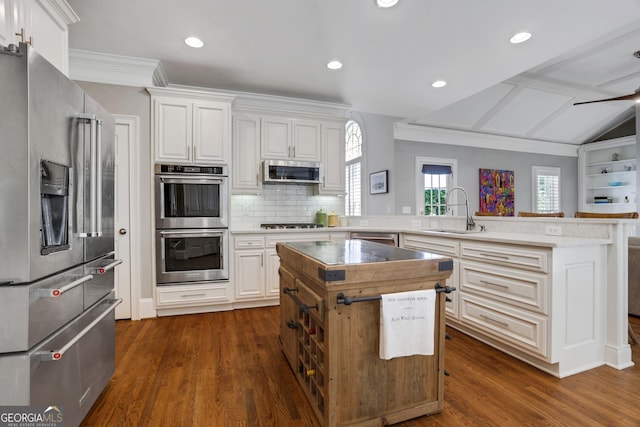 kitchen with a peninsula, a sink, dark wood-type flooring, appliances with stainless steel finishes, and a center island