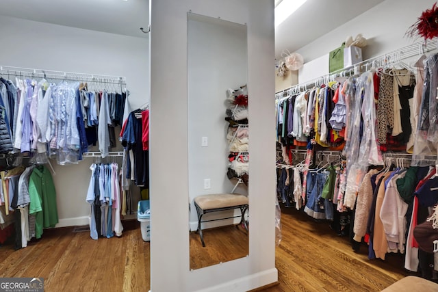 walk in closet with wood finished floors