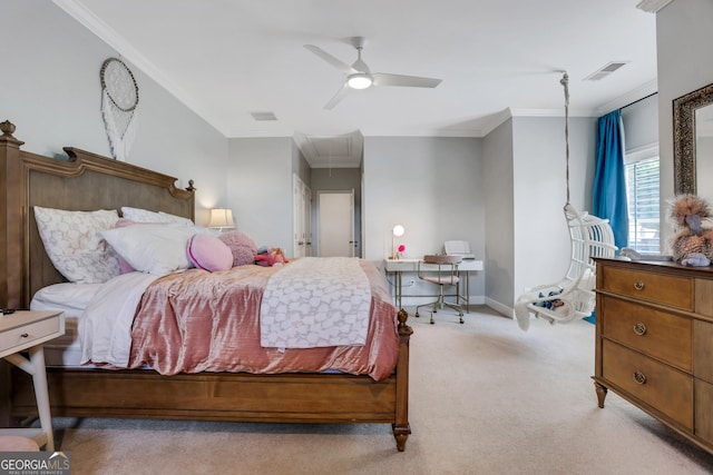 bedroom featuring attic access, crown molding, visible vents, and light carpet