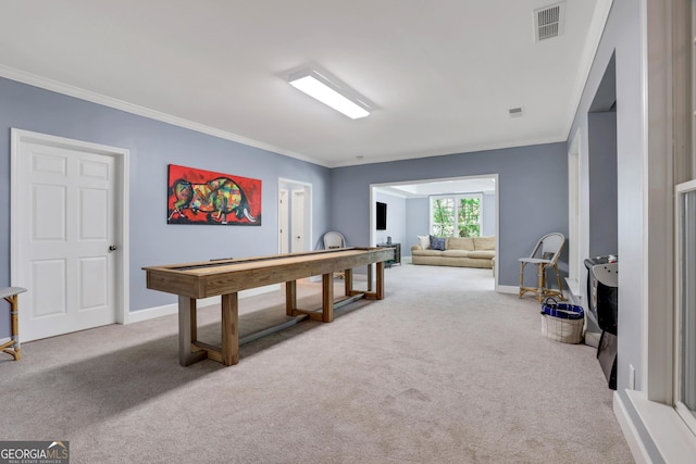 playroom featuring baseboards, carpet floors, and crown molding