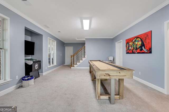 game room featuring visible vents, crown molding, baseboards, and carpet floors