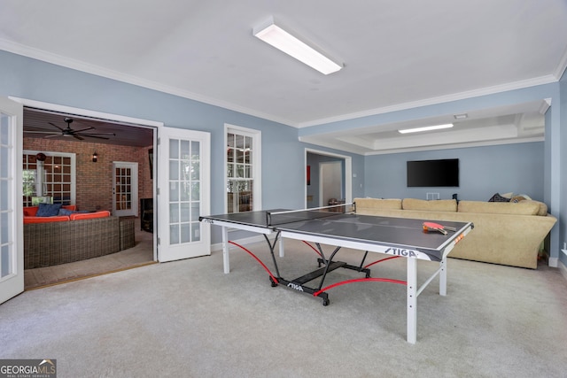 recreation room featuring ornamental molding, a tray ceiling, french doors, carpet, and baseboards