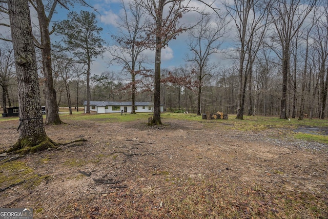view of yard featuring a forest view
