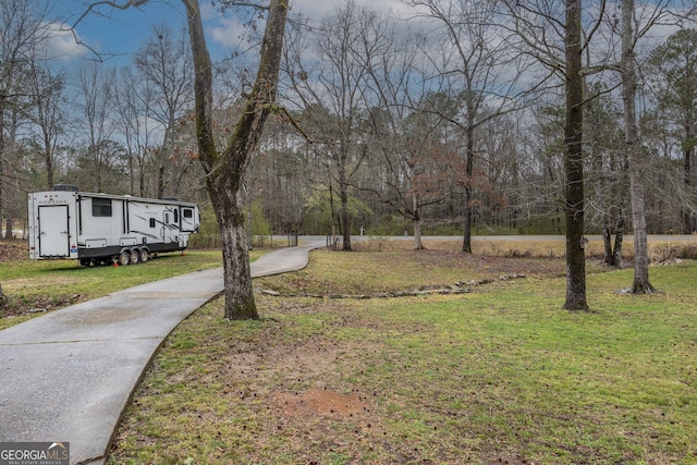 view of yard with an outbuilding and concrete driveway