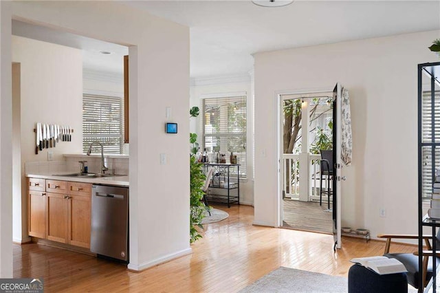 bar featuring stainless steel dishwasher, light wood-type flooring, a wealth of natural light, and a sink