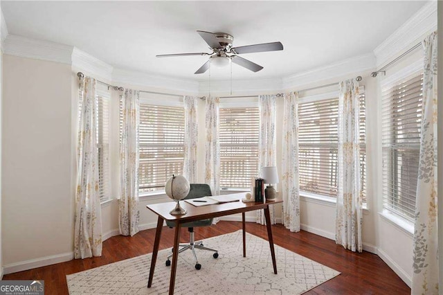 office area featuring ceiling fan, wood finished floors, and crown molding