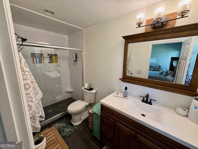 full bathroom with connected bathroom, a stall shower, toilet, and vanity