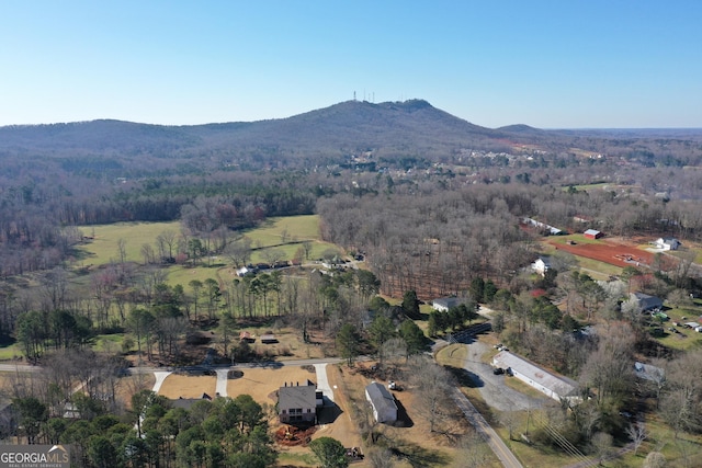 aerial view featuring a forest view and a mountain view