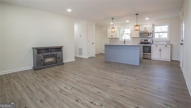 kitchen with open floor plan, wood finished floors, a glass covered fireplace, white cabinets, and stainless steel appliances