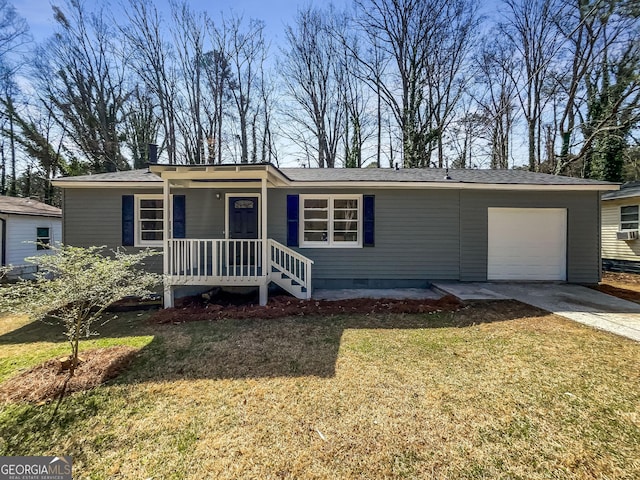 ranch-style home with crawl space, driveway, a front lawn, and a garage