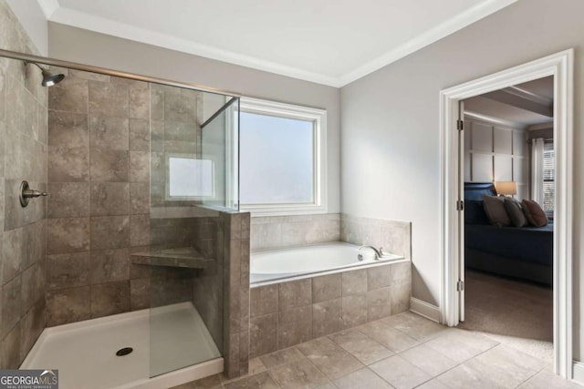 ensuite bathroom featuring a tile shower, connected bathroom, a bath, and crown molding