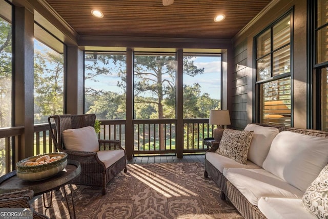 sunroom with wooden ceiling