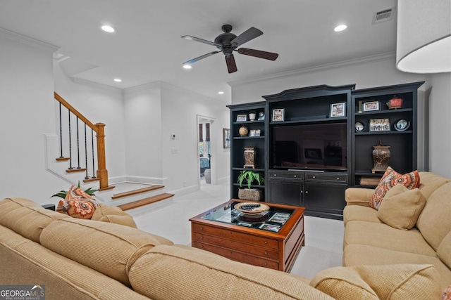 living area with stairway, recessed lighting, crown molding, and visible vents