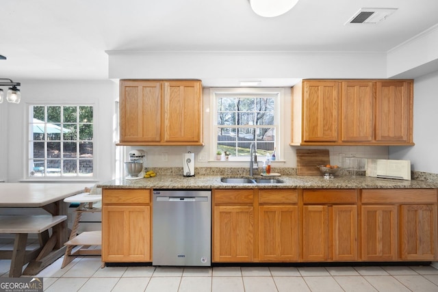 kitchen with stainless steel dishwasher, a healthy amount of sunlight, visible vents, and a sink