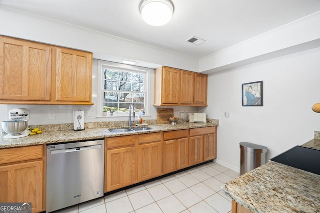 kitchen with visible vents, ornamental molding, light tile patterned floors, stainless steel dishwasher, and a sink