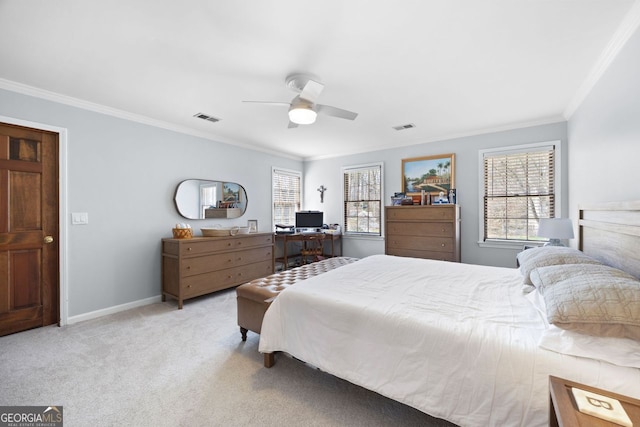 bedroom with multiple windows, carpet, visible vents, and ornamental molding