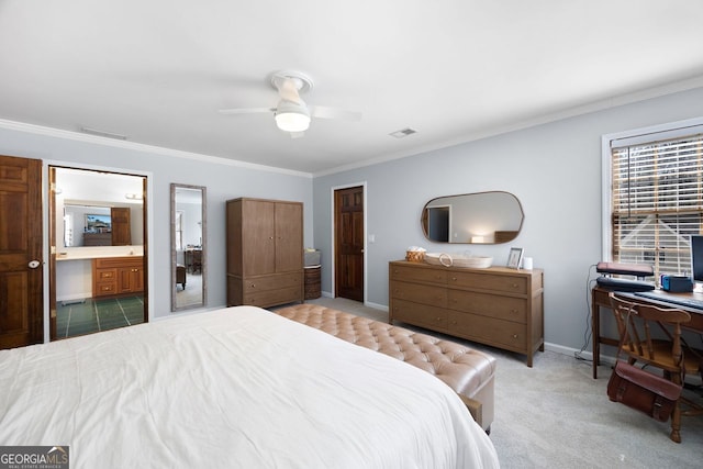 carpeted bedroom with visible vents, baseboards, and ornamental molding