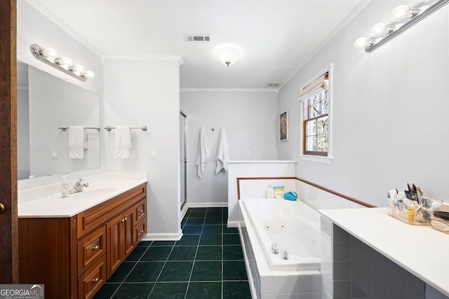 bathroom featuring visible vents, ornamental molding, a shower stall, tile patterned flooring, and vanity