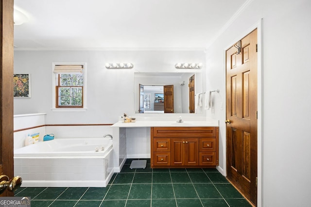 bathroom featuring tile patterned flooring, vanity, a bath, and crown molding