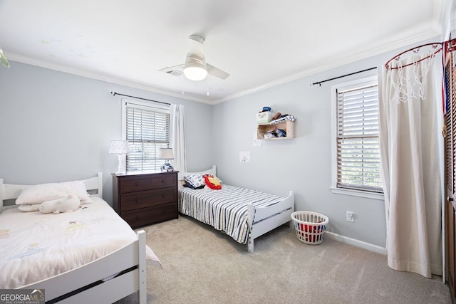 bedroom featuring multiple windows, light carpet, and ornamental molding