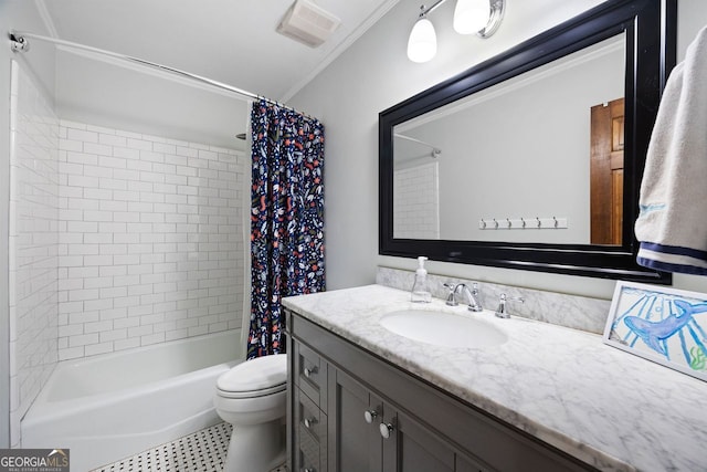 full bathroom with vanity, visible vents, shower / bath combo, ornamental molding, and toilet