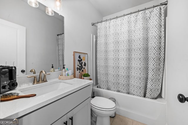 bathroom with shower / bathtub combination with curtain, toilet, vanity, and tile patterned flooring