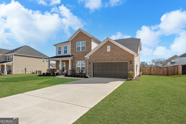 traditional home featuring brick siding, concrete driveway, a front lawn, and fence