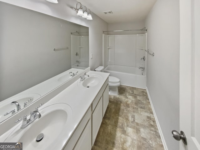 bathroom with a sink, shower / bath combination, toilet, and visible vents