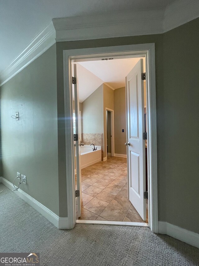 5928 Cobblestone Creek Cir, Mableton, GA 30126 - hallway featuring visible vents, baseboards, ornamental molding, light carpet, and lofted ceiling