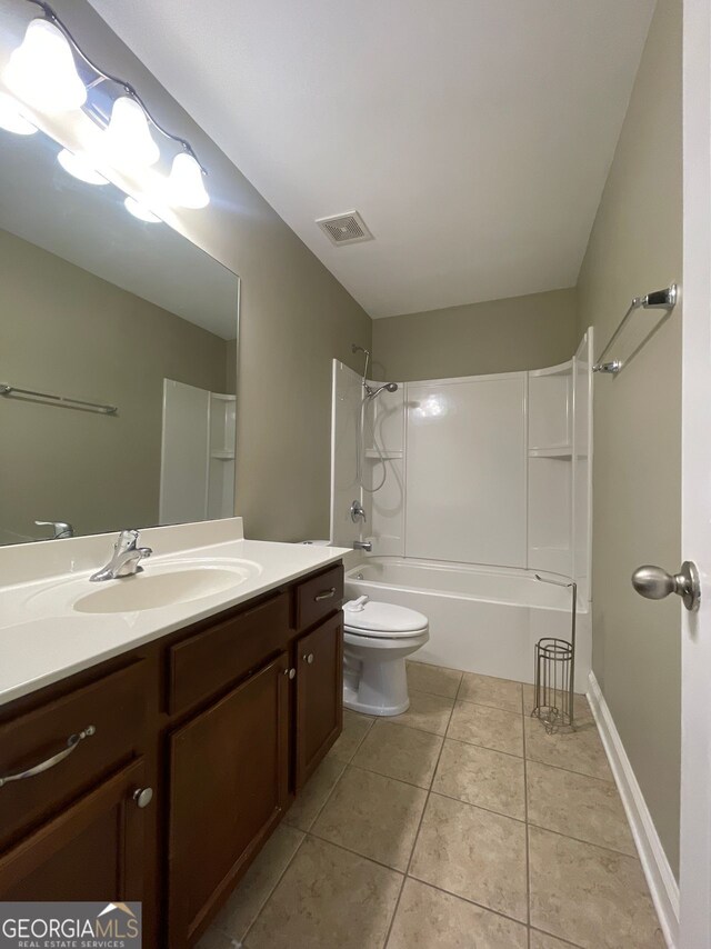 5928 Cobblestone Creek Cir, Mableton, GA 30126 - bathroom with visible vents, toilet, tub / shower combination, vanity, and tile patterned flooring