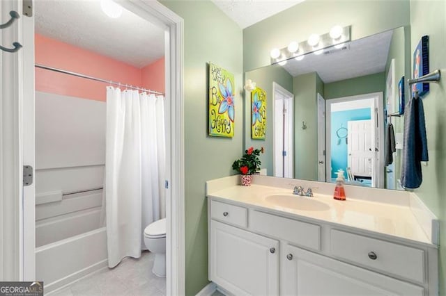 full bathroom featuring vanity, shower / tub combo, a textured ceiling, tile patterned floors, and toilet