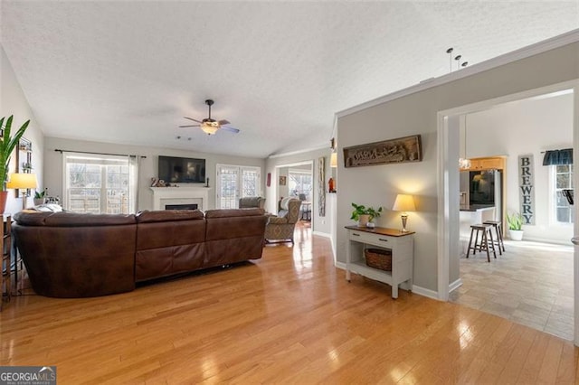 living room featuring light wood-style flooring, a fireplace, a textured ceiling, and vaulted ceiling