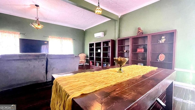 interior space featuring an AC wall unit, baseboards, and ornamental molding