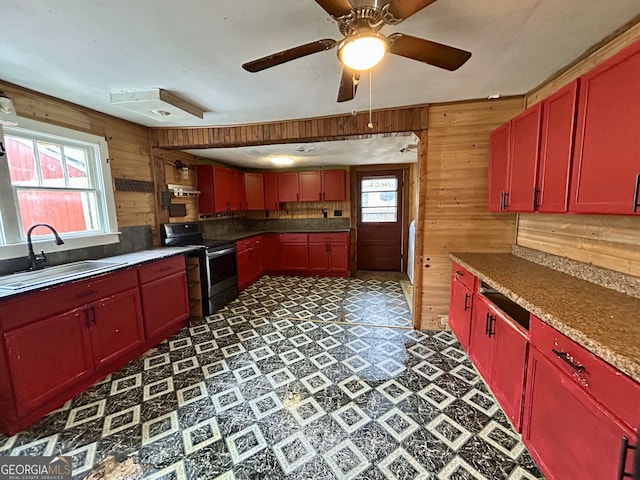 kitchen featuring a wealth of natural light, wood walls, stainless steel range with electric cooktop, and a sink