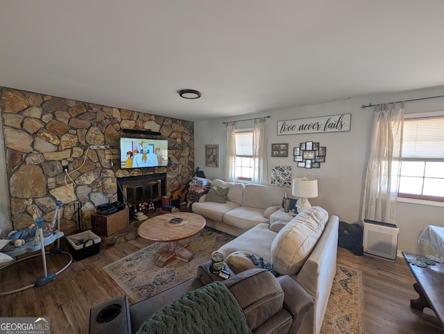 living room featuring a healthy amount of sunlight, a fireplace, and wood finished floors