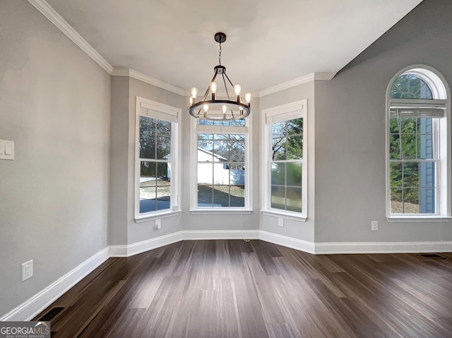 unfurnished dining area with baseboards, plenty of natural light, and dark wood-style floors