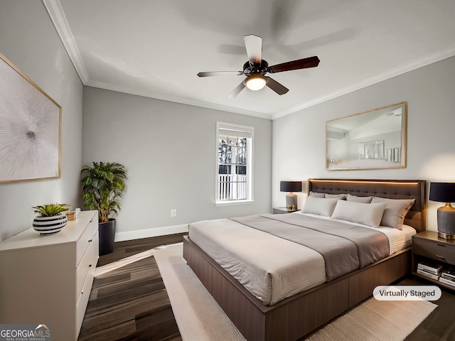 bedroom featuring a ceiling fan, crown molding, dark wood-style floors, and baseboards