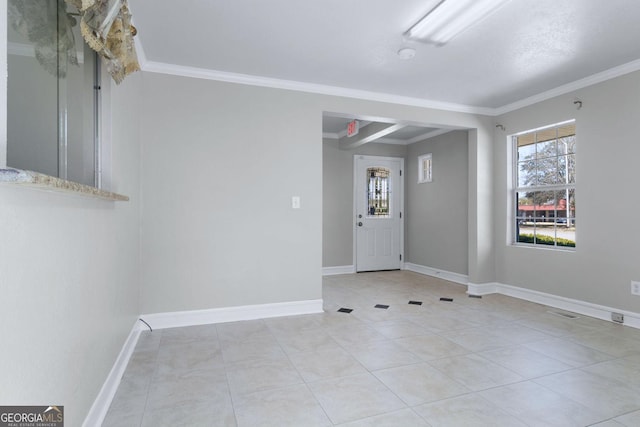 unfurnished room featuring light tile patterned flooring, baseboards, and ornamental molding