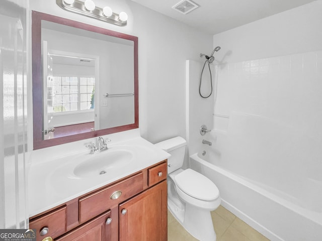 bathroom with tile patterned floors, visible vents, toilet, bathtub / shower combination, and vanity